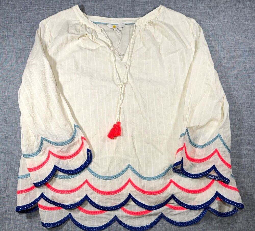Boden White Woven Cotton Tunic Blouse | Size 14 | V-Neck Tie Tassel Hem scallop